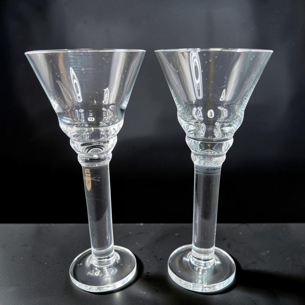 Pier 1 Clear Glass Martini Glasses Tiered Ribbed Straight‎ Stem Set 2 MCM 7.5in